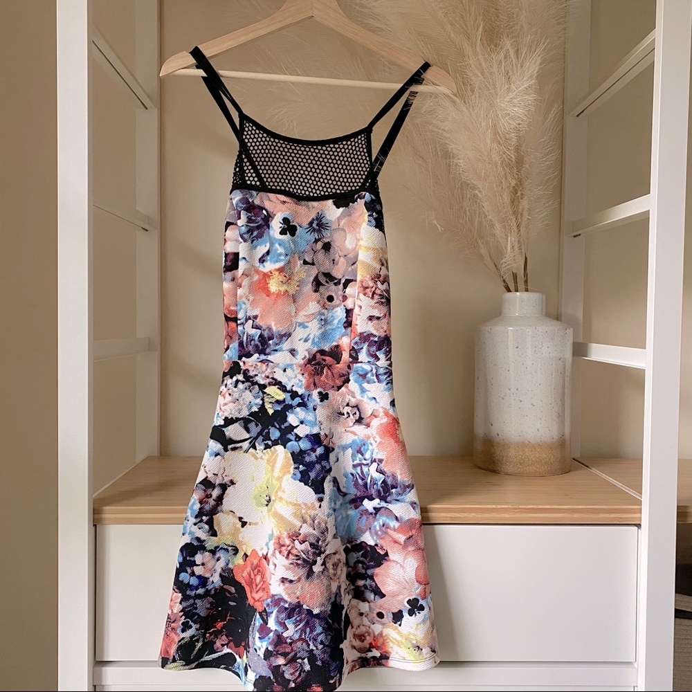 Mesh and Floral Mini Skater Dress